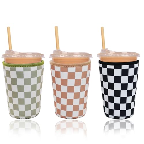 Haevola Checkered Set Reusable Insulated Neoprene Cup Sleeves for Cold Beverages, 22-24 oz