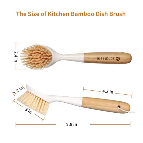 2 Pack Bamboo Handle Dish Brush with Scraper - White