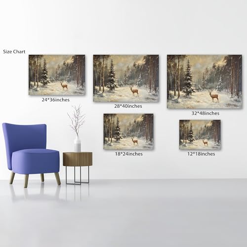 Vintage Winter Forest Canvas Wall Art - Deer Snow Scene 12x18 Inches - Variation of Winter Scene Art11