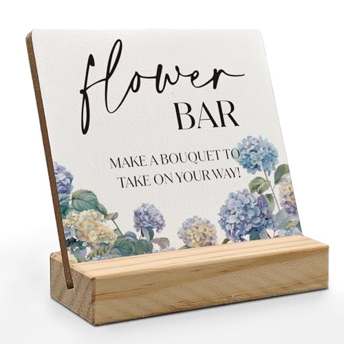 Flower Bar Sign Wood Plaque 4x4 Inch Hydrangea Wedding Decor Bridal Shower