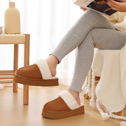 Fuzzy Memory Foam Slippers for Women Indoor Outdoor House Shoes - Platform Brown 8