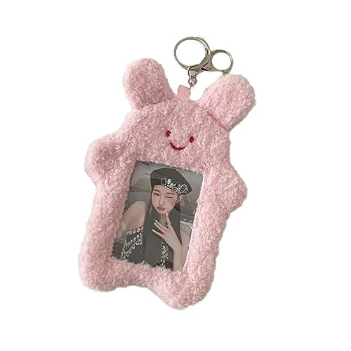 Pink Cute Plush Photocard Holder with Keychain Cartoon Animal Photo Sleeve