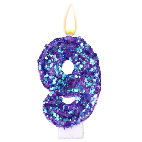 Gosknor Purple Number 9 Birthday Candle with Sequins & Wax Holder
