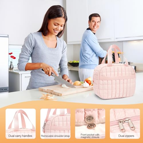 Honitty Quilted Puffer Lunch Bag, Insulated Lunch Box for Women, Gloss Pink M