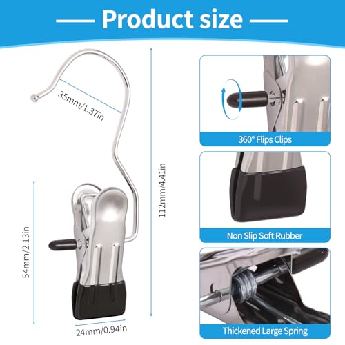 30-Pack Heavy Duty Stainless Steel Laundry Clips - 360° Rotating Hooks, Black