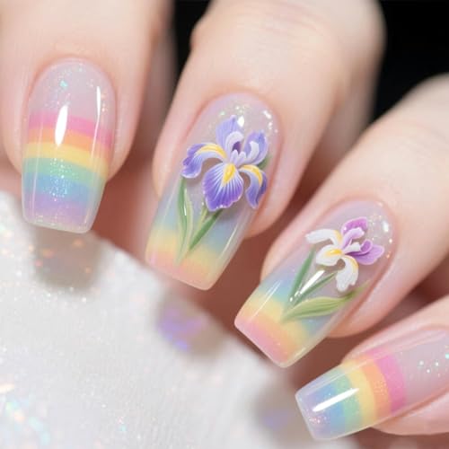 Pastel Rainbow Floral Press On Nails Medium Square Reusable Set