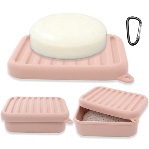 Pink Silicone Travel Soap Case with Lid & Drain Tray - Leakproof