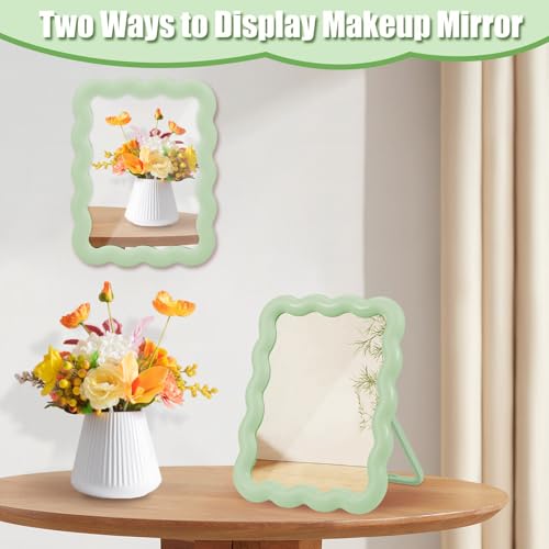 Green Wave-Shaped Adjustable Desk Mirror with Tweezer - Portable Makeup Mirror