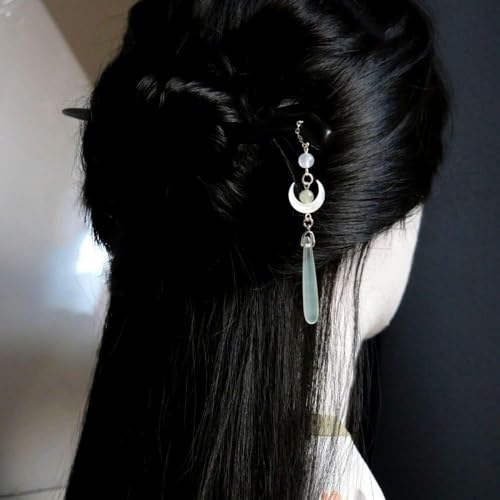ROMI FLORIA Vintage Chinese Tassel Hair Fork & Moon Pendant Hair Stick