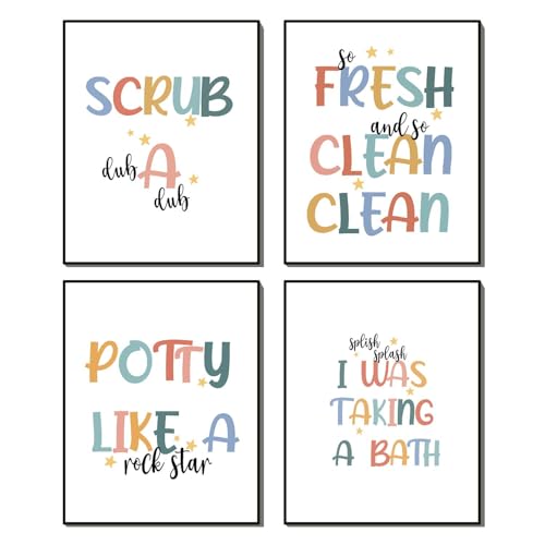Kids Bathroom Wall Art Decor - 4-Pack 8x10 Funny Washroom Prints