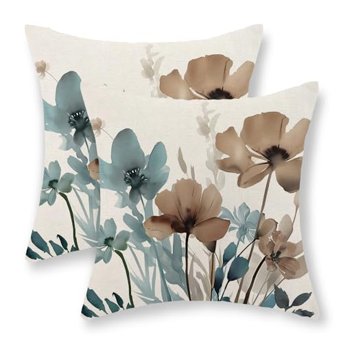 Floral Pillow Covers Set of 2, 16x16 Inch Linen - Blue Brown