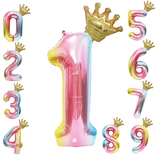 40-Inch Rainbow Gradient Number 1 Balloon with Crown - 1st Birthday & Baby Shower Party Supplies