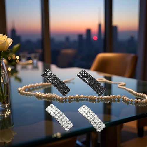 PurYupearl Black and Silver Rhinestone Hair Clip Set 4Pcs