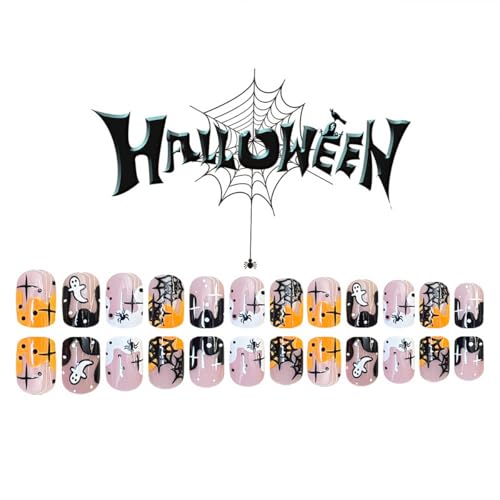 Halloween Press on Nails Short Square French Tip Fake Nails Ghost Spider Web