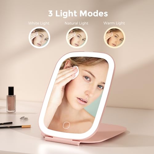 NEZZOE Rechargeable Travel Makeup Mirror with LED Light, 7x5 Pink