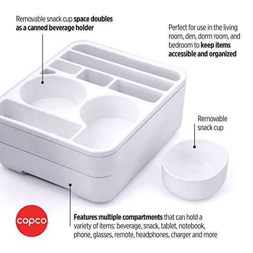 Copco Couch Caddy Organizer with Removable Snack Cup - Versatile Storage Solution for Remotes, Glasses, Snacks, and More, White