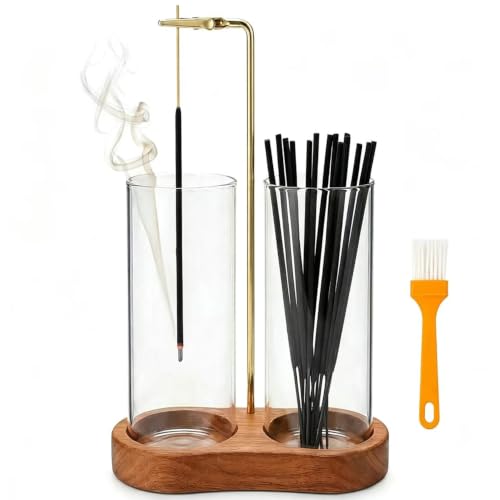 OWLREX Upgrade Tall Incense Holder with Glass Ash Catcher - Upside Down Burning & Stick Storage