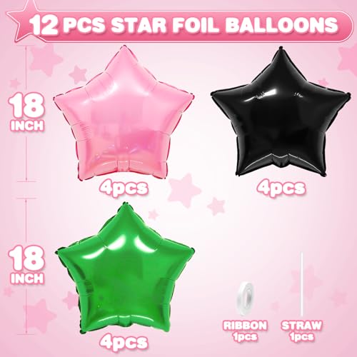 Adorely 12-Piece 18-Inch Star Foil Balloons in Pink, Green, and Black