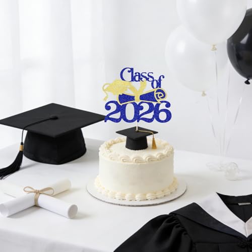 Class of 2026 Cake Topper - Dark Blue and Gold Graduation Party Decor