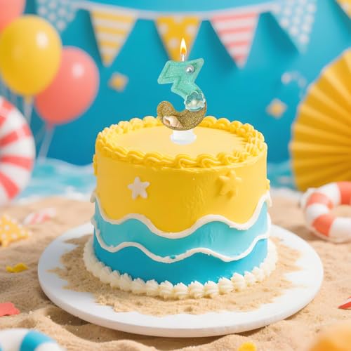 Dayake Blue Beach Number 3 Candle for Birthday Cakes, Mermaid Ocean Theme Decor