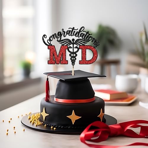 Congrats MD Cake Topper Black and Red Glitter Medical School Graduation Party