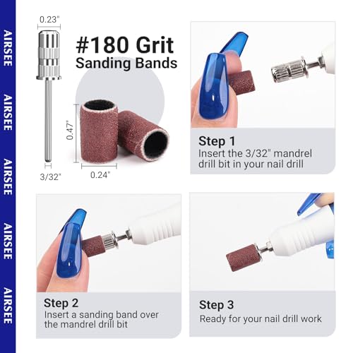 AIRSEE Nail Drill Sanding Bands 100-Piece Set 180 Grit Medium with Mandrel