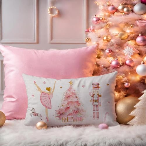 Pink Christmas Pillow Cover 12x20" - Ballerina & Nutcracker Design