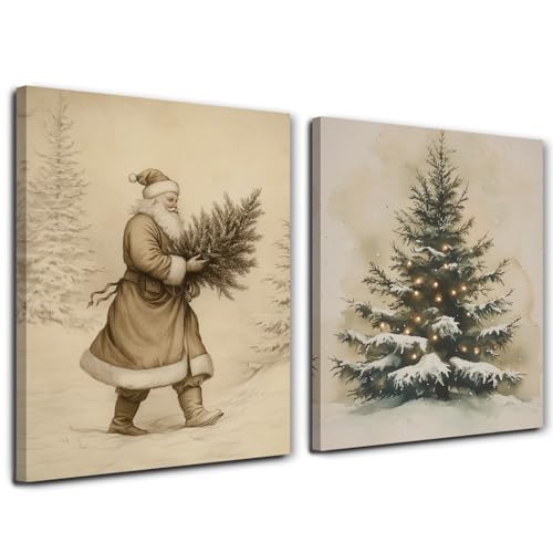 Winter Canvas Wall Art Set of 2 - Santa and Christmas Tree Holiday Decor