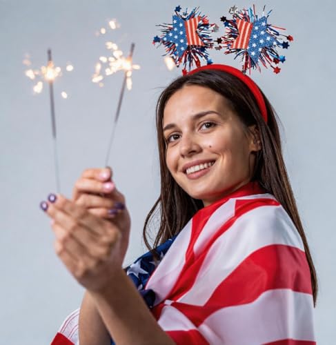 Delfd 4th of July Patriotic Star Headband with Red White Blue Tinsel