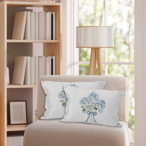 Blue Hydrangea Bow Throw Pillow Cover - 16x24 Flannel Decorative Case