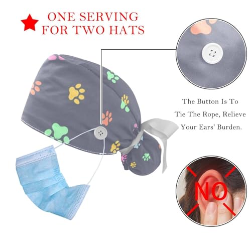 2 Pack Scrub Caps Surgical Hat for Women, Cartoon Dogs Nurse Hat Unisex Tie Back Hat, Long Hair