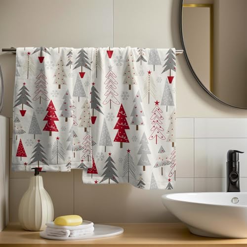 Christmas Tree Hand Towels Set (Red, Grey, Cream) - 2-Piece Holiday Decor