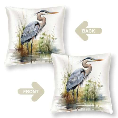 Watercolor Great Blue Heron Satin Throw Pillow Cover 18x18