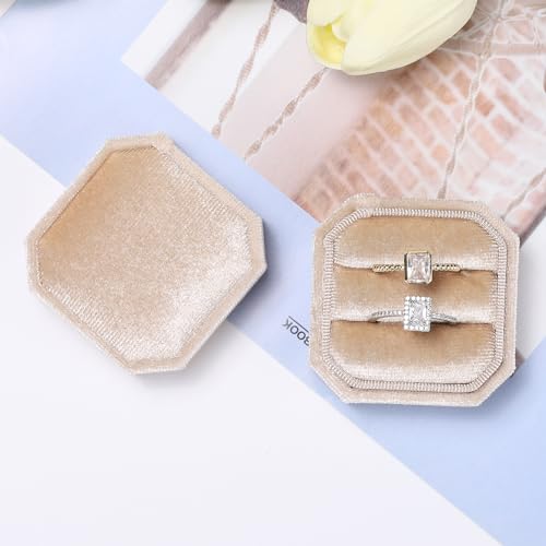 Champagne Velvet Ring Box - Octagon Jewelry Holder for Weddings