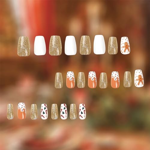 BFY Christmas Press on Nails Medium Coffin Glossy False Nails with Gold Glitter Gingerbread Man Design 24 Pcs
