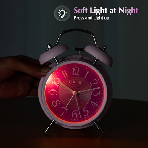 rjuwurv 4-Inch Twin Bell Alarm Clock - Silent Non-Ticking with Night Light, Pink