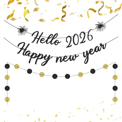 2026 Happy New Year Banner - Black Glitter Party Decoration