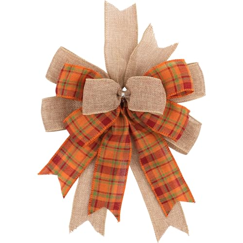 Kutyndrix Fall Wreath Bow - Orange Burlap & Plaid Ribbon 9.4 x 11.8 Inch