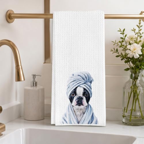 Boston Terrier Waffle Weave Bathroom Towels for Dog Lovers