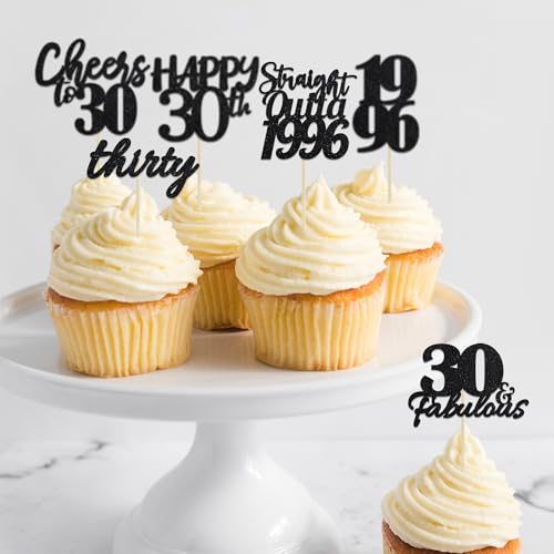30th Birthday Cupcake Toppers - Set of 6 Black Glitter Decorations