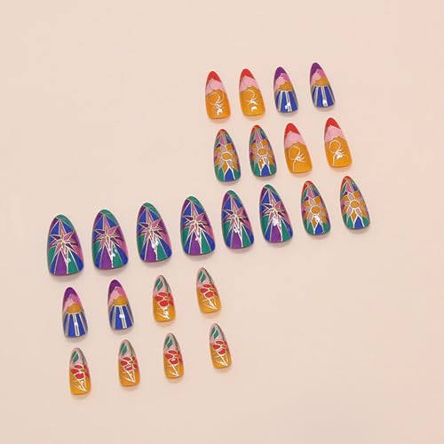 FIEONCIY Glossy Almond Press On Nails with Floral Designs and Charms