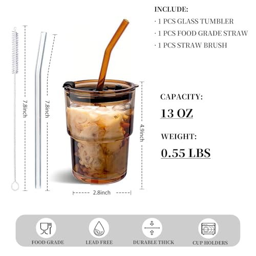 Olvini 13oz Glass Tumbler with Straw & Lid - Reusable Iced Coffee Cup