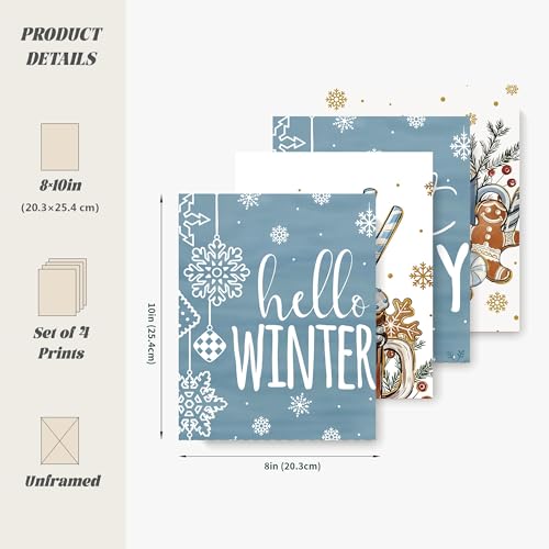 Christmas Winter Gingerbread Man Snowman Wall Decor Posters - Blue Variation, Set of 4, 8x10 Inch
