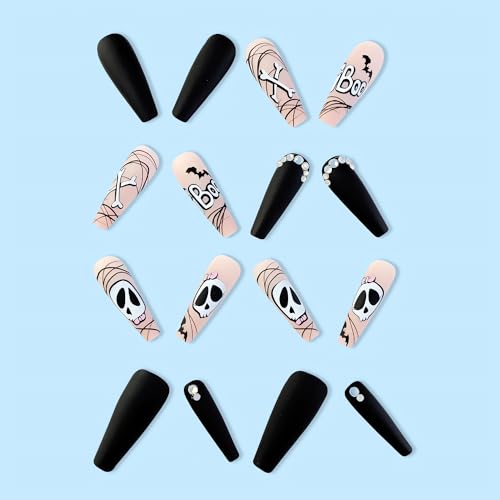 SINSEN Long Coffin Halloween Press on Nails - 24 Pcs Cartoon Skull Acrylic Fake Nails