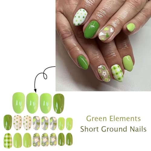 Green Floral Press on Nails Medium Almond False Nails with Polka Dot