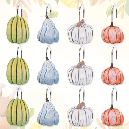 Pumpkin Shower Curtain Hooks - 12 Pcs Fall Decorative Rings (Green & Blue)