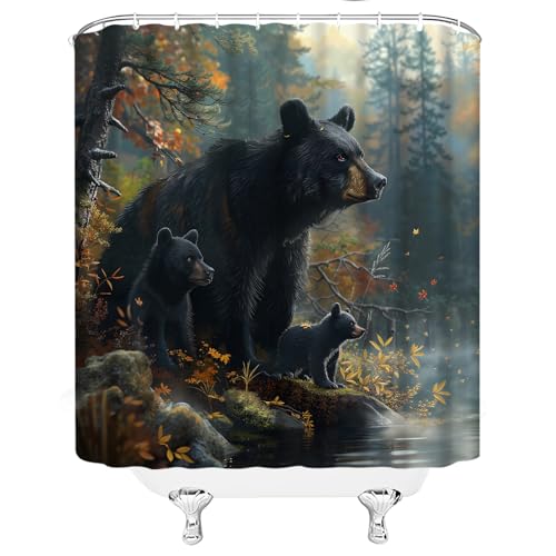 Rustic Black Bear Shower Curtain 70x70 Inches with Hooks