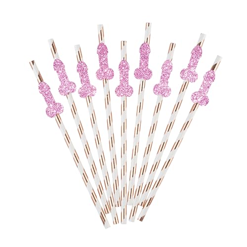 Rose Gold Straws with Pink Glitter Willy – 10 Pack for Bachelorette Parties