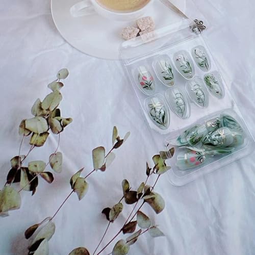 Floral Press On Nails Medium Almond Fake Nails with Pearls