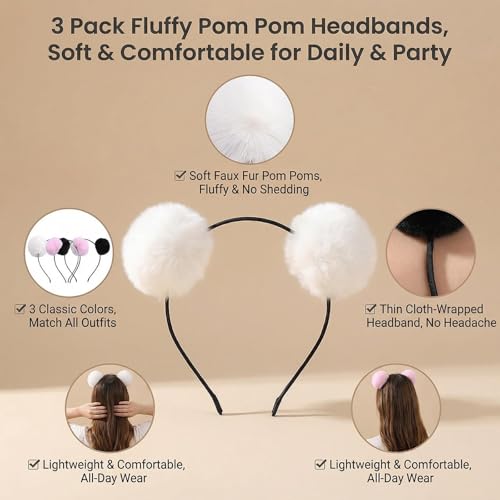 Ericotry 3 Pcs Cute Panda Ears Plush Headbands Soft Hair Hoops Assorted Colors